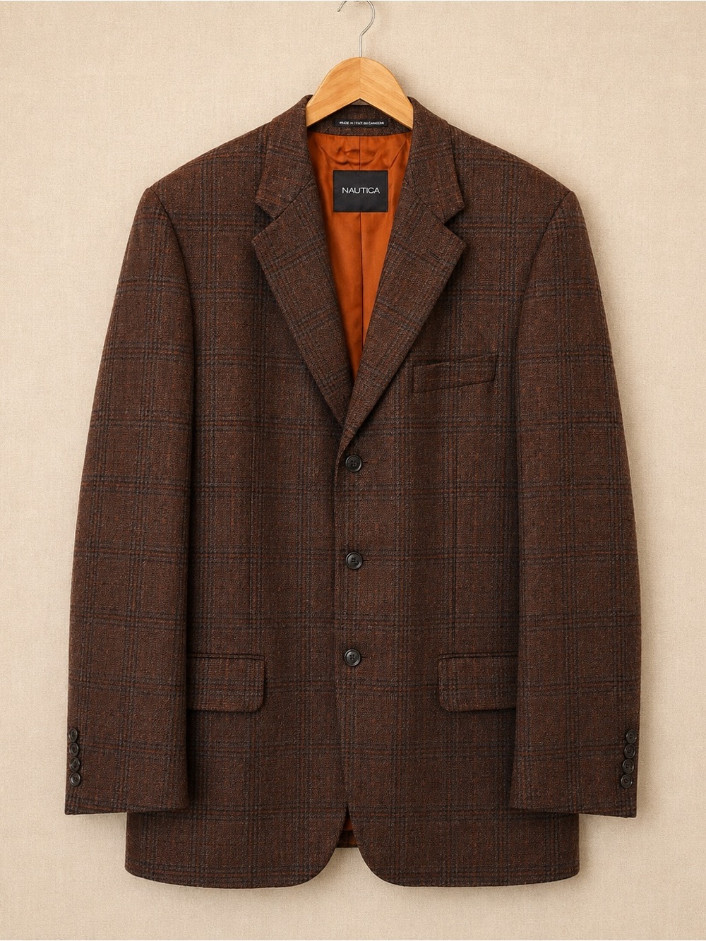 Vintage Nautica Brown Plaid Wool Blend Blazer Made in Canada Sport Coat - Picture 2 of 7